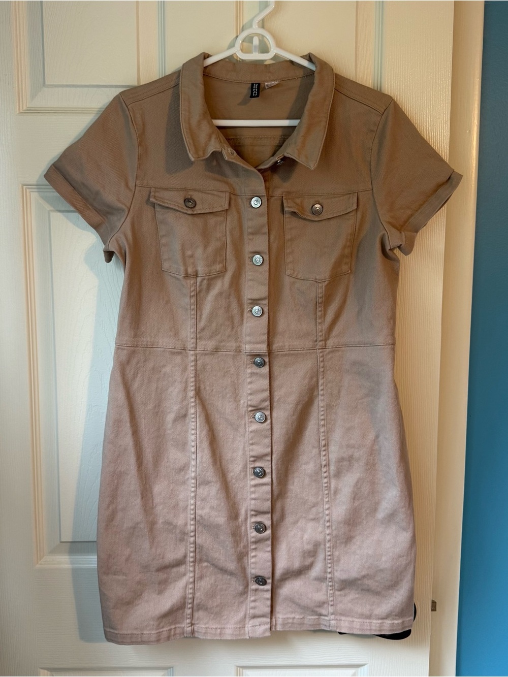 H&M Divided Beige Denim Mini Dress Button Front Utility Safari Y2K, Size L